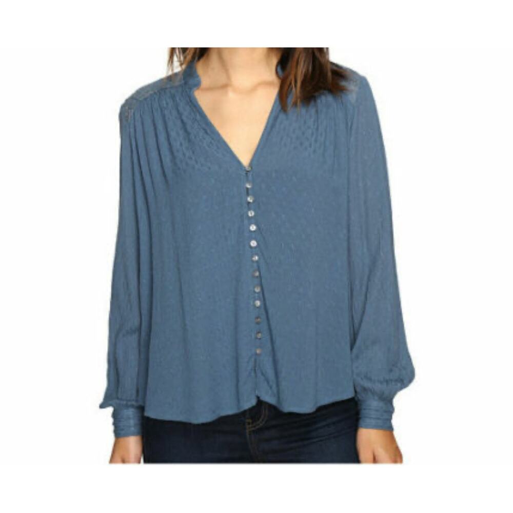 Free People Canyon Rose V-Neck Peasant Blouse Blue Small Flowy‎ Soft girl